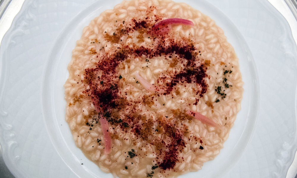 Risotto all’estratto di cipolle rosse e Prosciutto di San Daniele