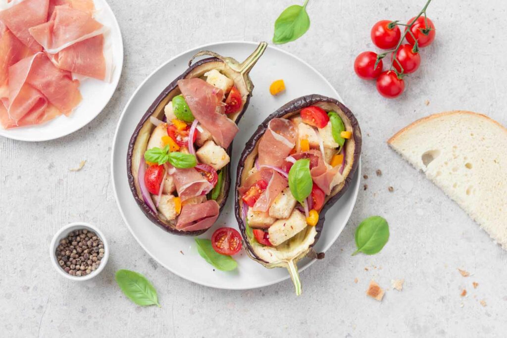 Melanzane ripiene con panzanella e Prosciutto di San Daniele