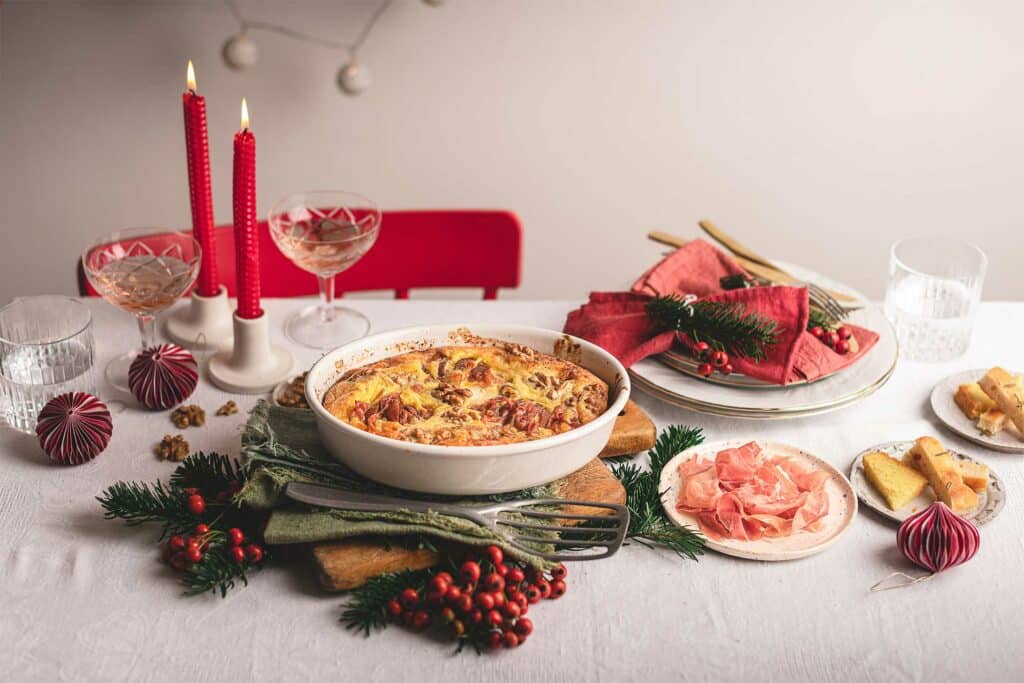Clafoutis salato con Prosciutto di San Daniele, pere, gorgonzola e noci