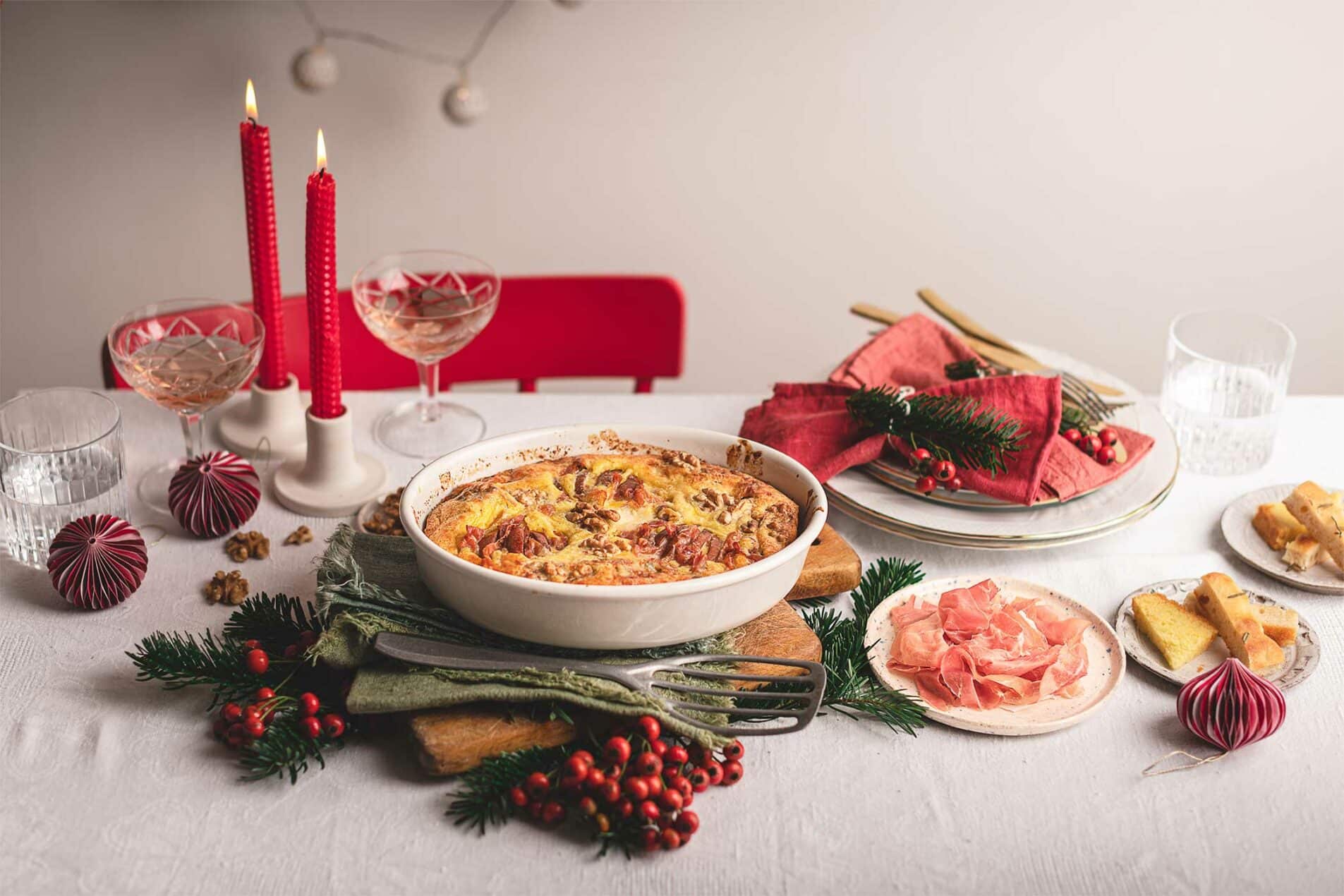 Clafoutis di ceci con Prosciutto di San Daniele, pere, noci e gorgonzola