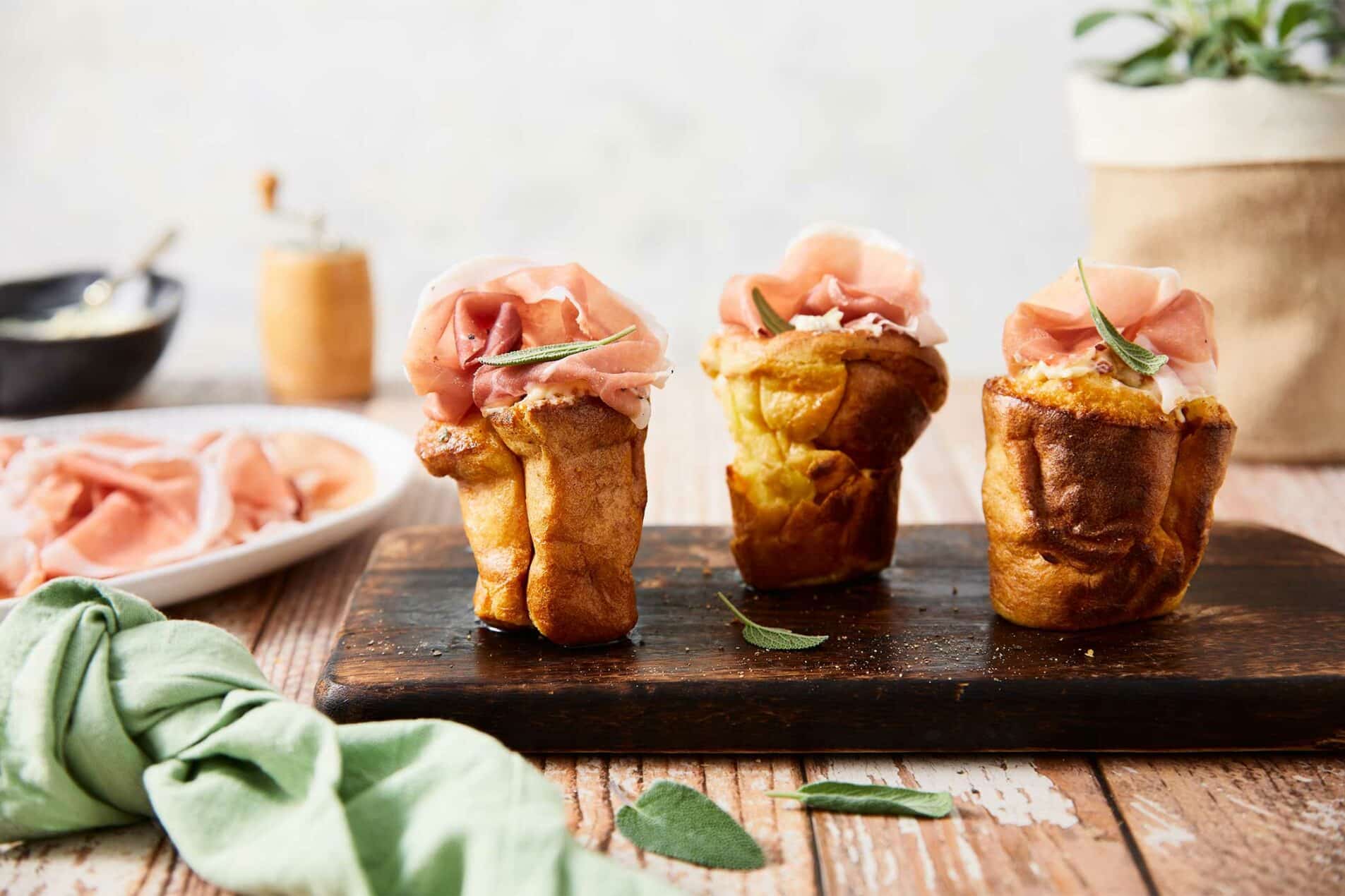 Popovers with San Daniele ham and salted sage butter