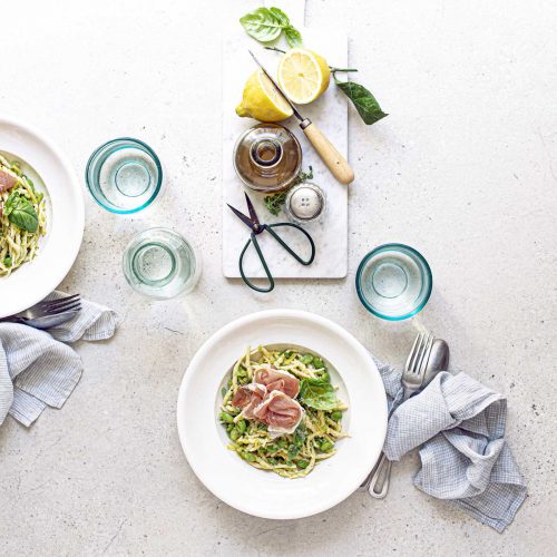 Trofie con Prosciutto di San Daniele, fave e limone