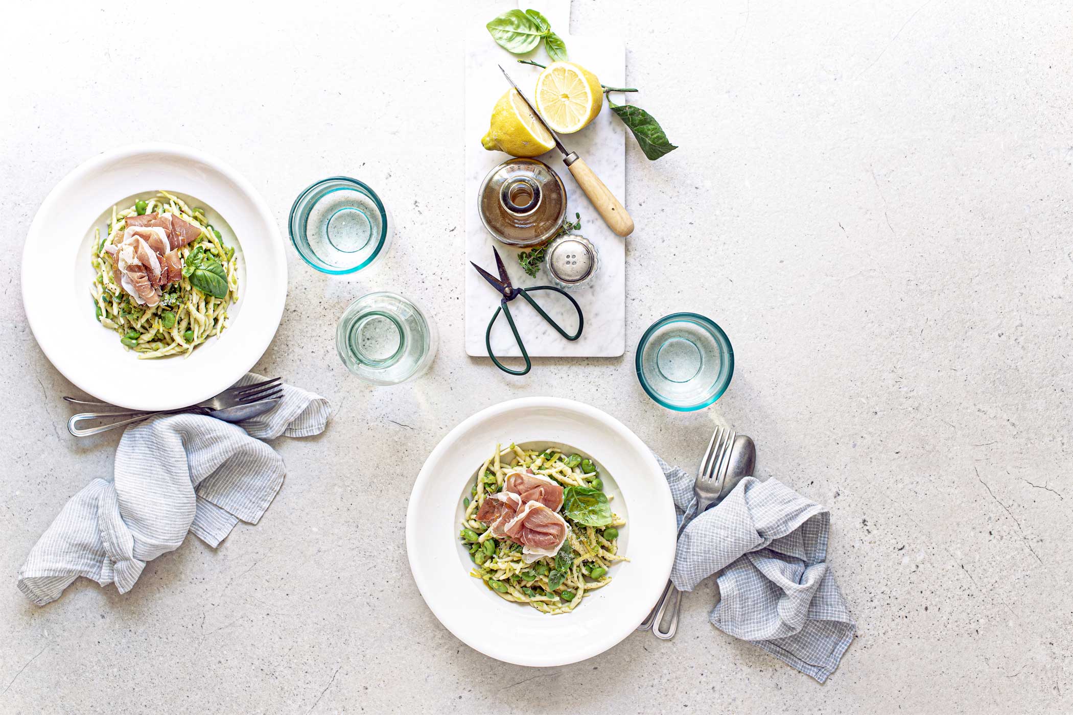 Trofie con Prosciutto di San Daniele, fave e limone