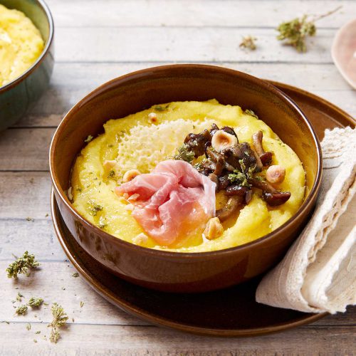 Polenta con Prosciutto di San Daniele, funghi,