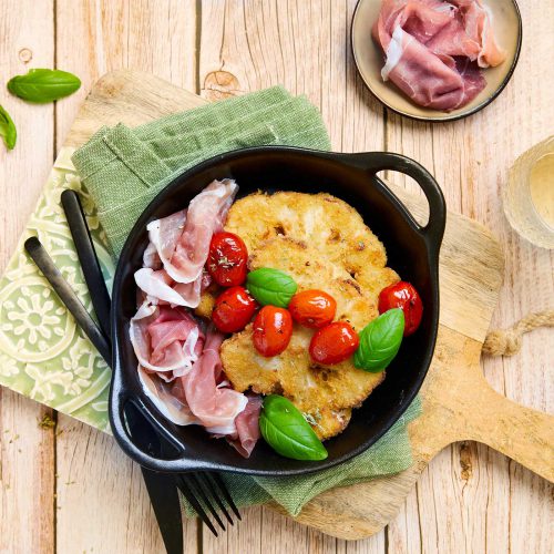 Cavolfiori in crosta di parmigiano con Prosciutto di San Daniele e pomodori arrosto