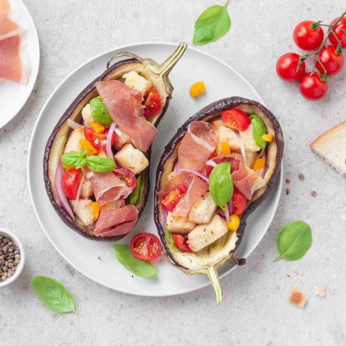 Melanzane ripiene con panzanella e Prosciutto di San Daniele