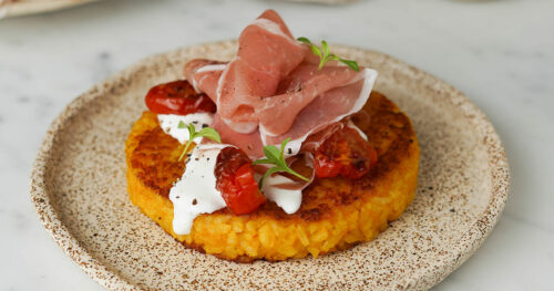 Risotto alla zucca al salto con Prosciutto di San Daniele e burrata