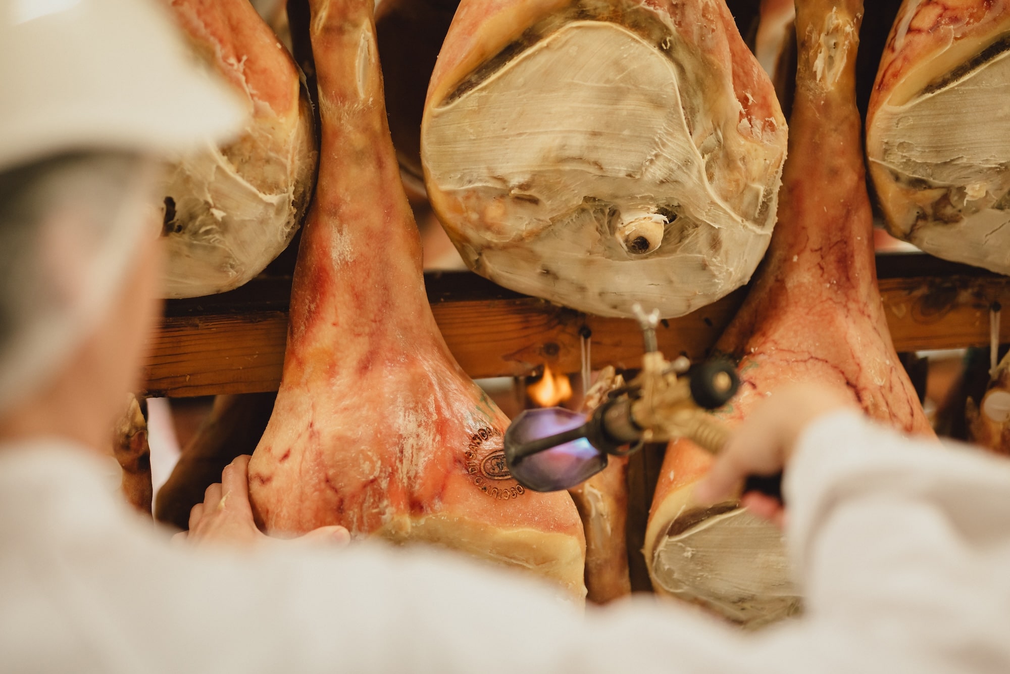 cosce di prosciutto di san daniele a cui viene applicato il marchio dop
