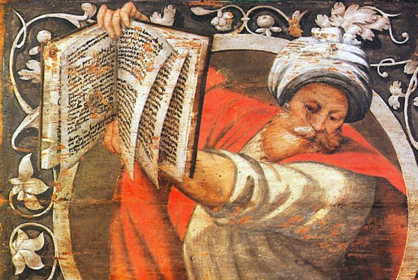 miniatura che rappresenta uno studioso che sorregge un libro