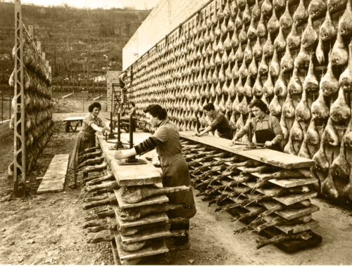 foto storica di donne che lavorano sui prosciutti di san daniele