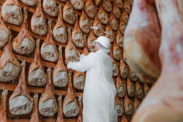 Operatore in tuta sterile controlla i prosciutti di San Daniele DOP in una sala di stagionatura, garanzia della filiera italiana