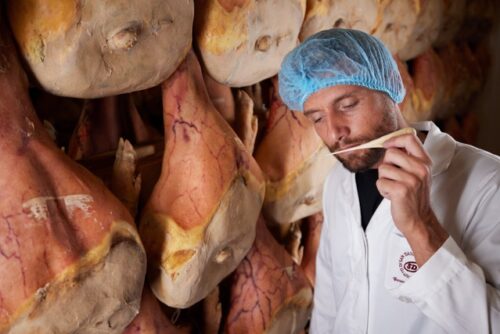 Operatore effettua la puntatura olfattiva su una coscia di Prosciutto di San Daniele DOP, controllo tradizionale della qualità